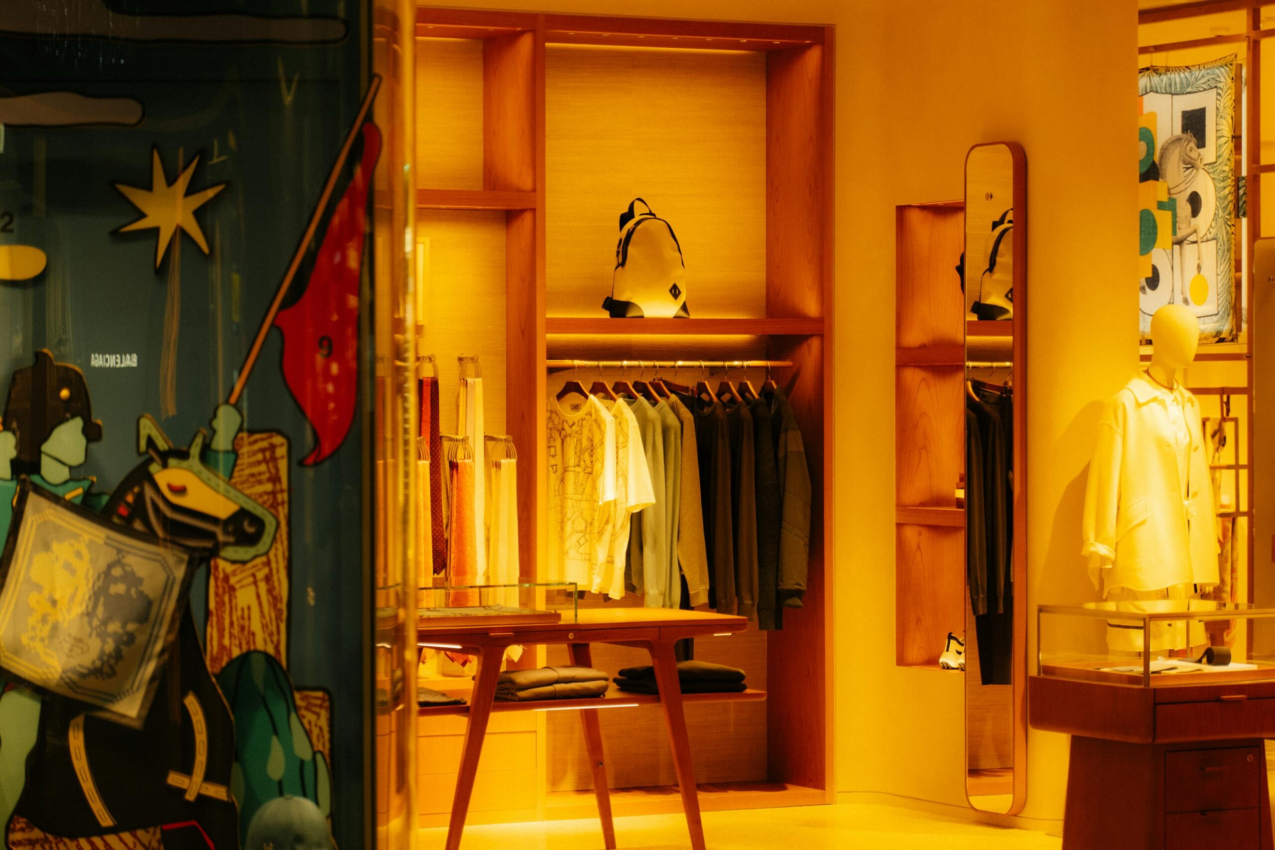 Kuratierte Boutique mit Designer-Mode auf Kleiderstangen, Spiegel und Mannequin