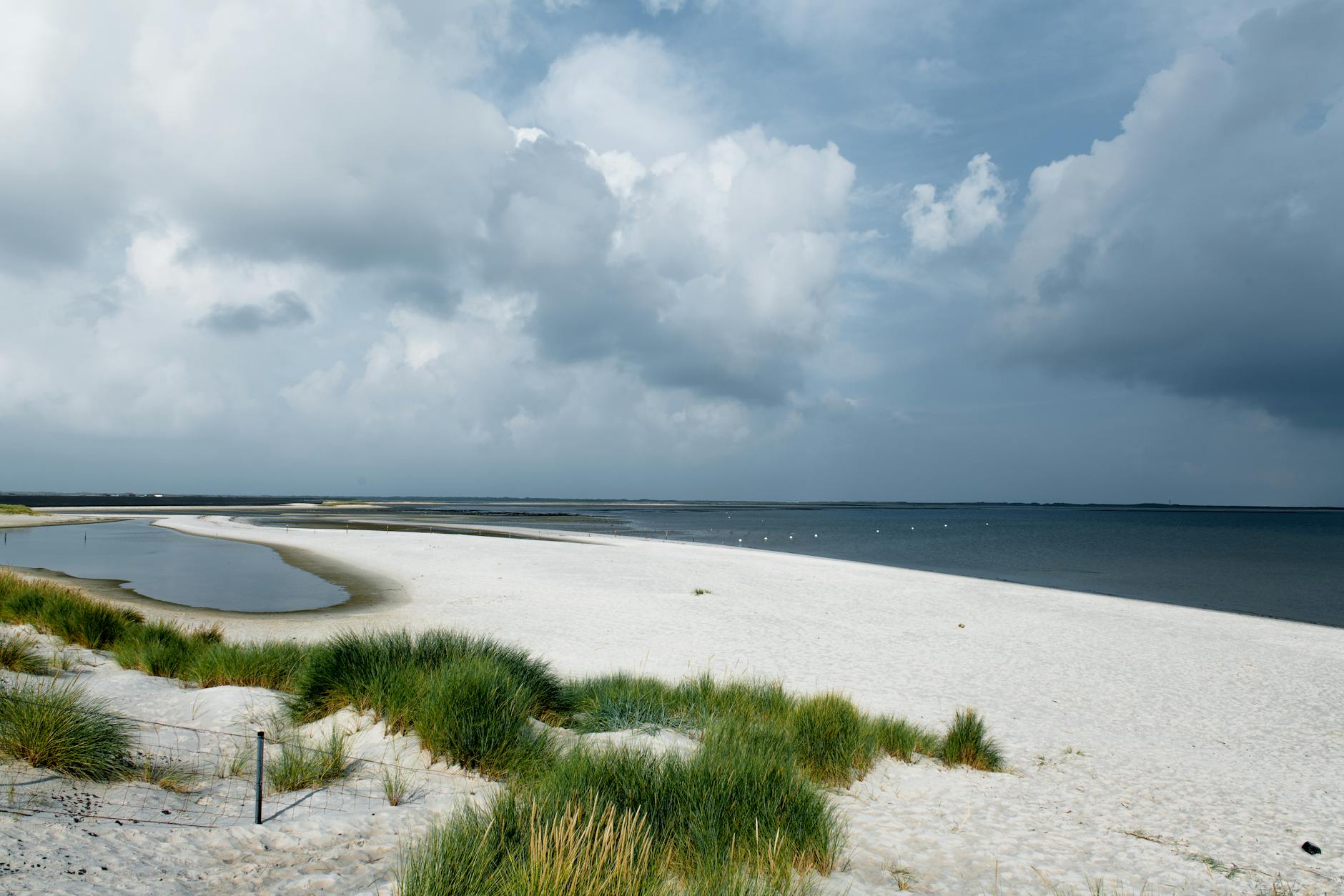 Heller Sandstrand mit Dünengras unter weitem Himmel auf Sylt