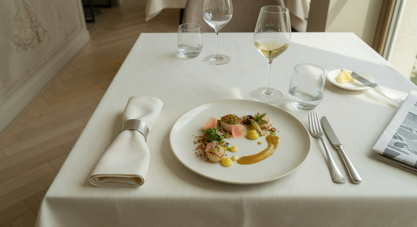Elegantly set table with a reduced menu and warm lighting