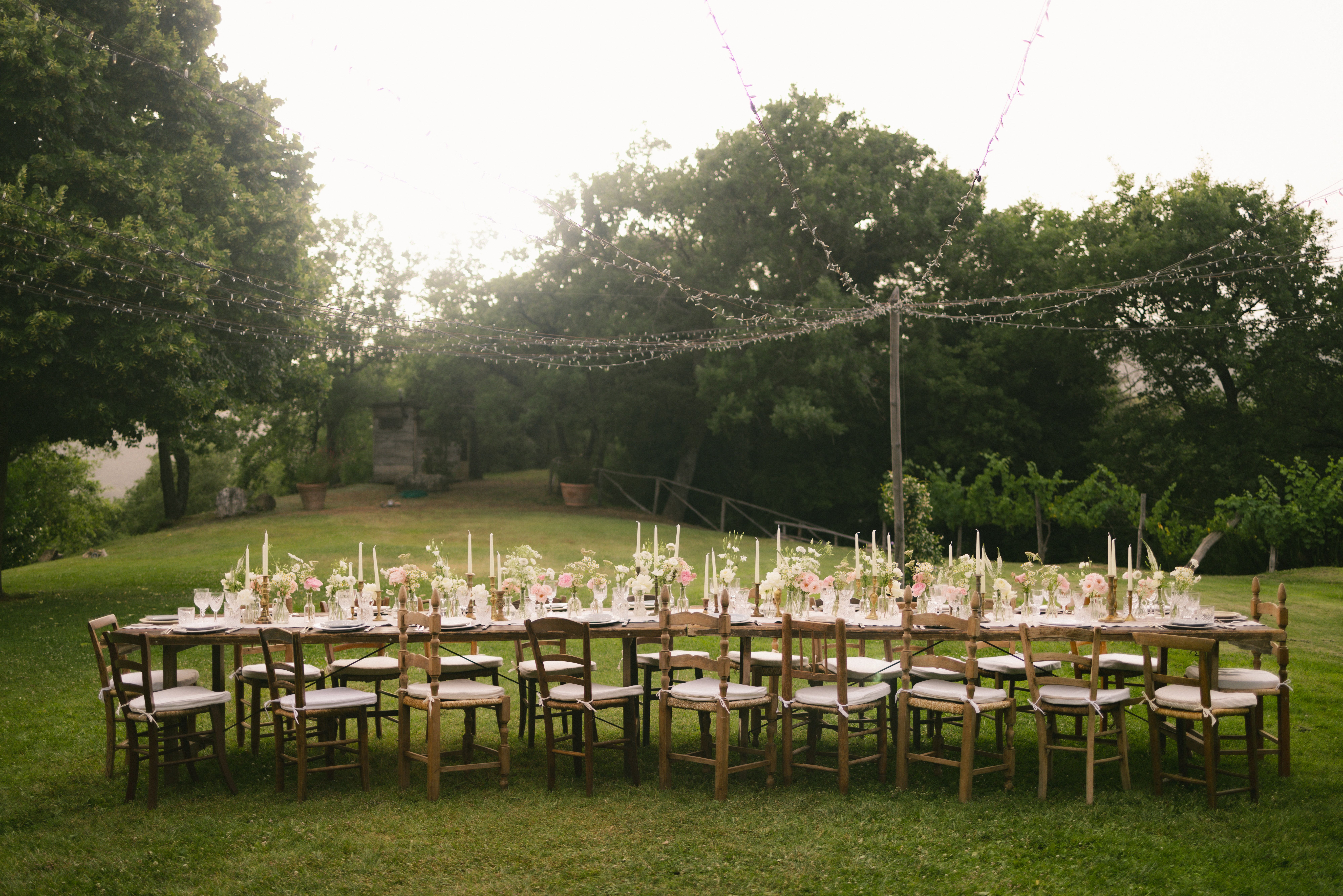 Festlich gedeckter Tisch im Garten mit Lichterketten und Blumendekoration am Sommerabend