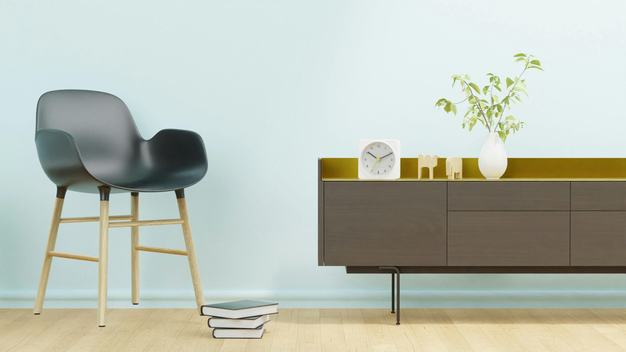 Helle, minimalistisch gestaltete Wohnlandschaft in kühlem Raumfahrt-Ästhetik