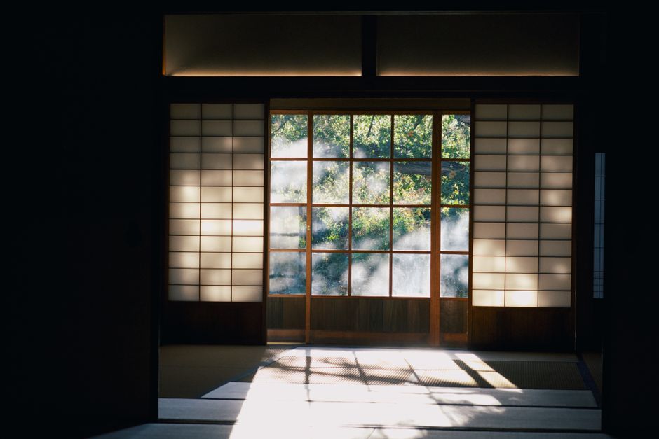 Fine wooden lattice of a room divider in raking light