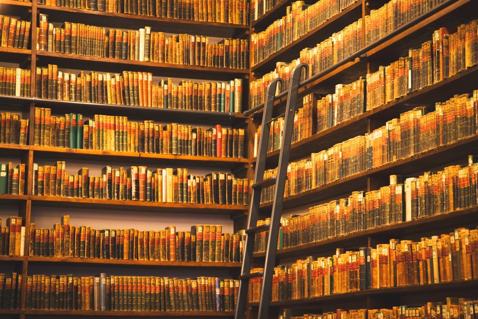 Historic library with warm light on leather-bound book spines