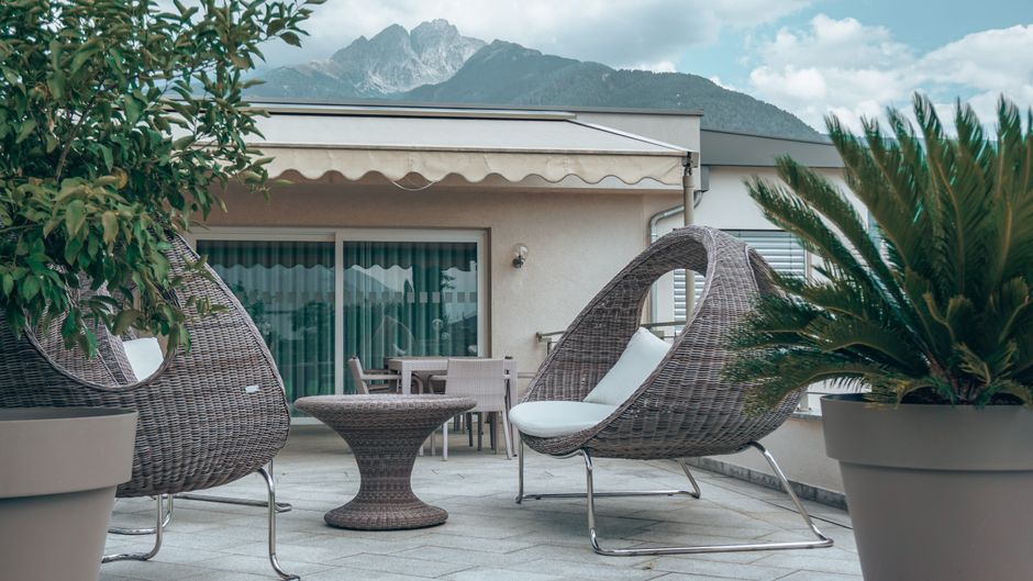 Awning over terrace with mountain view