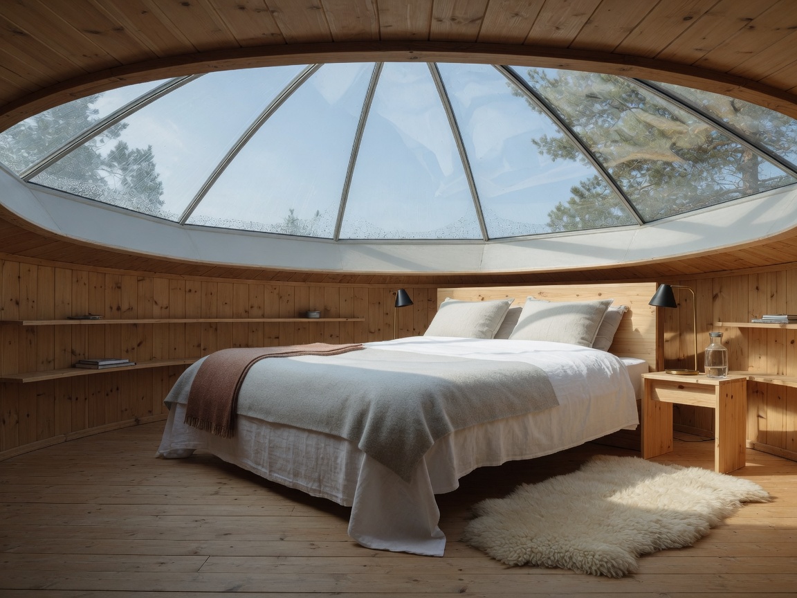 Glass igloo bedroom with view of summer forest in Lapland