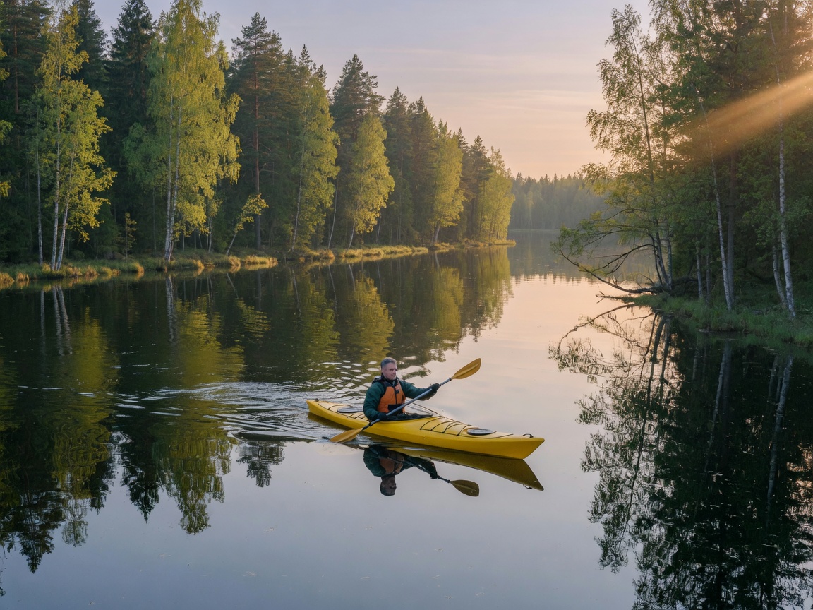 Kayaking on a river in Lapland under the midnight sun