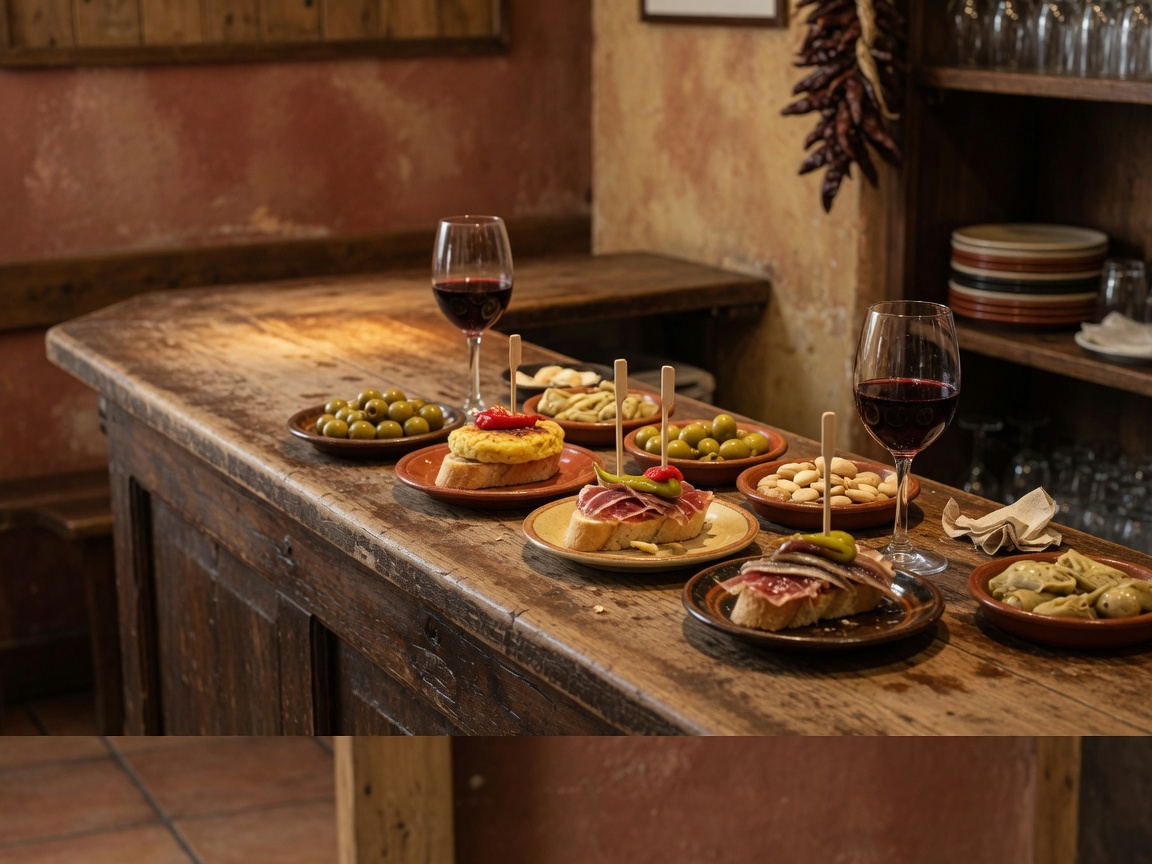 Pintxo bar counter with Basque bites in San Sebastián's old town