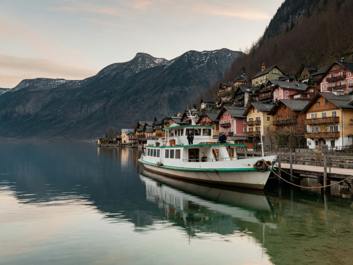 Fähre legt am Ufer des Hallstätter Sees an