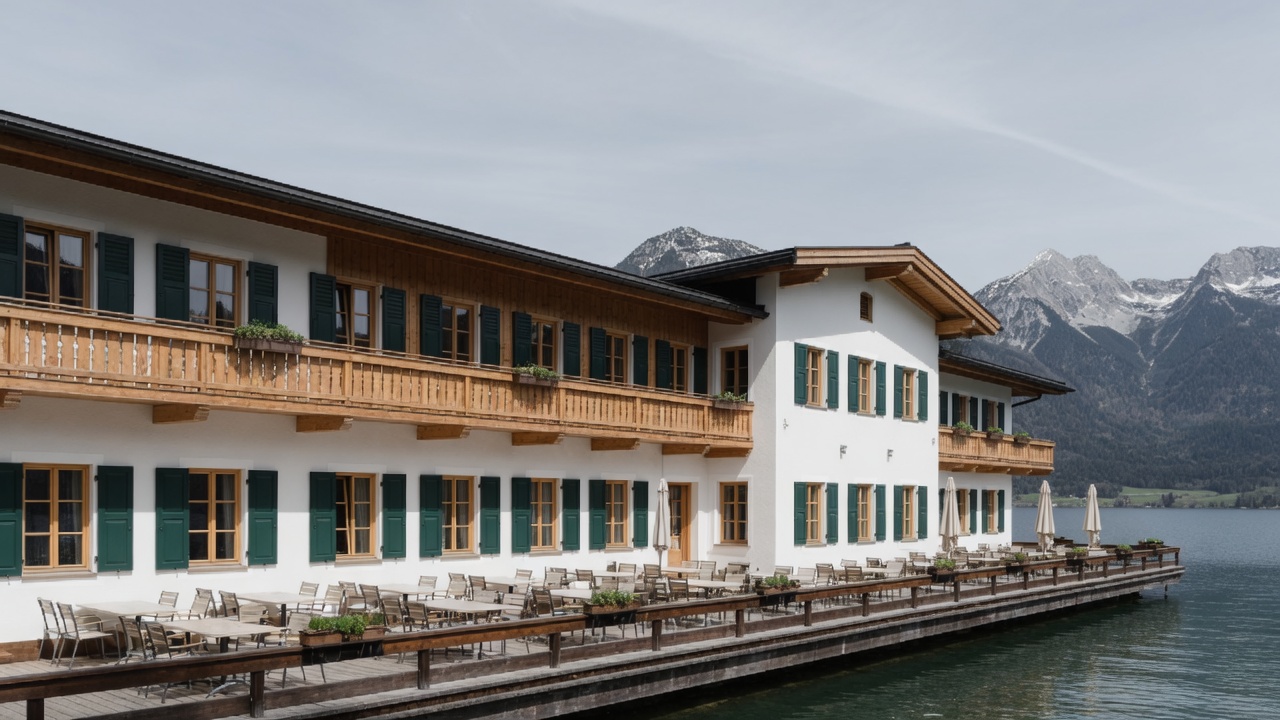 Historisches Seehotel am Ufer eines Alpensees im Salzkammergut